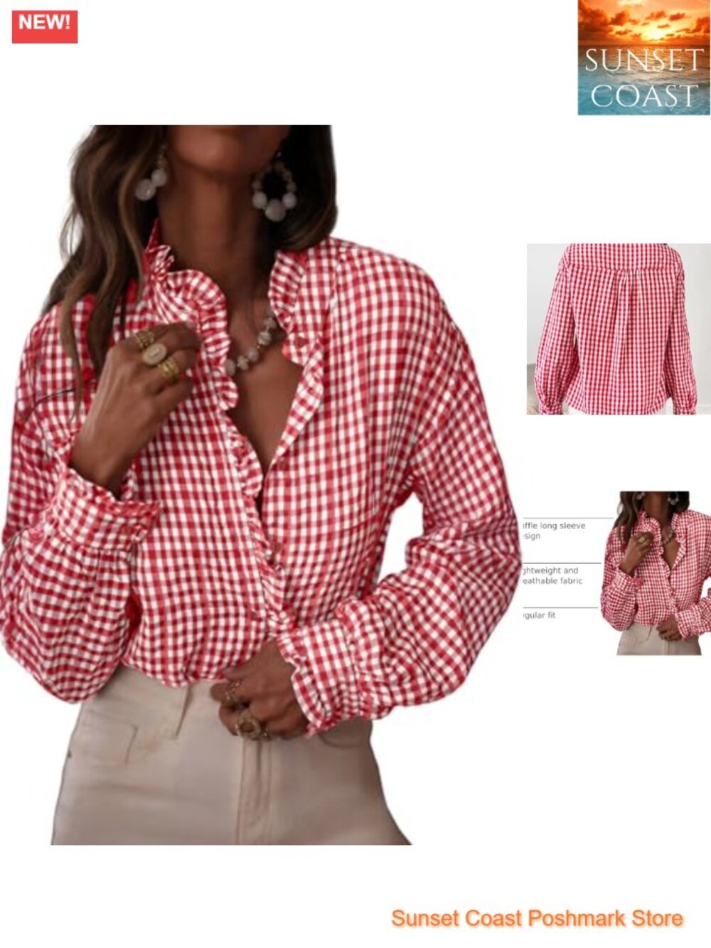 Womens Plaid Ruffle V Neck Button Down Blouse Long Sleeve Gingham Top